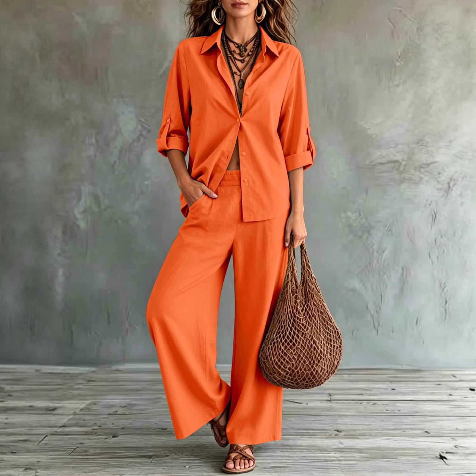 

Women s Two Piece Set Long Sleeve Shirt and Wide Leg Pants Casual Bohemian Vacation Outfit Lightweight Comfortable Fabric S шафрановий