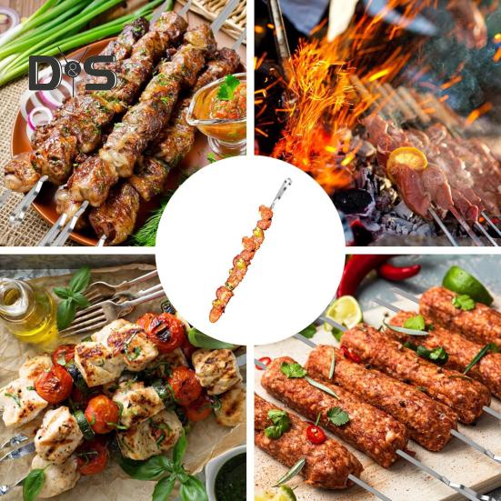 6/10Pcs Stainless Steel BBQ Skewers with Storage Bag Ring Design Flat BBQ Needle Metal Stick for Grilling Sausages Seafood Veggies