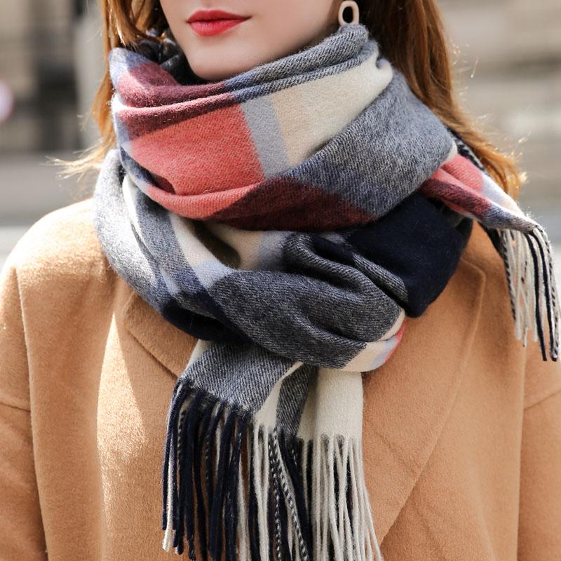 Winter 100% Lamb Wool Scarf Women Luxury Thicken Warm Shawls Wraps Checkered Pashmina Foulard Femme Plaid Cashmere Scarves