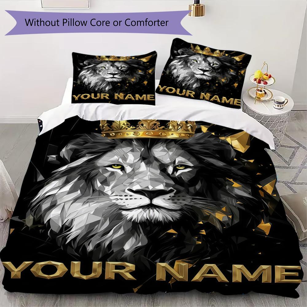 Custom Name Royal Lion Majesty Bedding,Quilt Set Quilt Cover Pillowcase Home Birthday Gift(1 * Duvet Cover + 2 * Pillowcase, Without Core)_lx