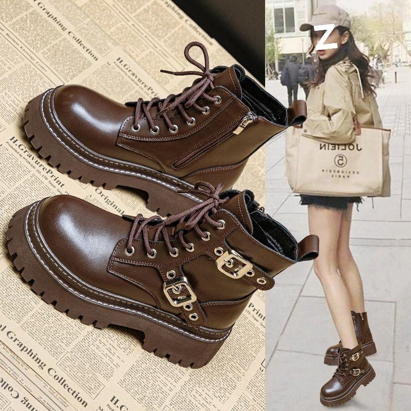 Leather Martin Boots Women's Autumn and Winter New Handsome Tooling Velvet Short Boots Thick-soled Heightening Single Boots