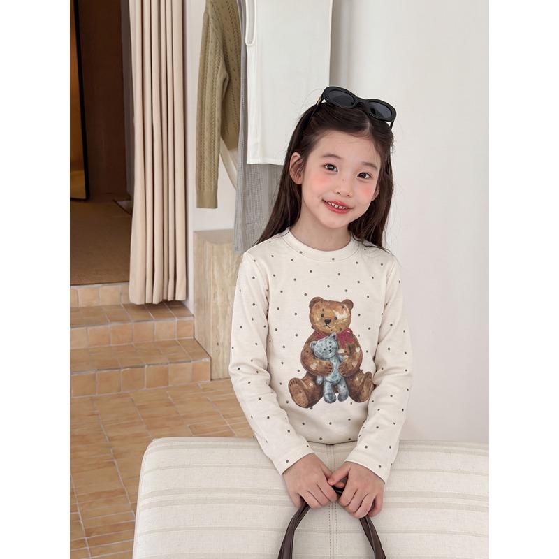 Big Kids Girls Cute Cartoon Bear Polka Dot Long Sleeve Elastic Bottoming T Shirt