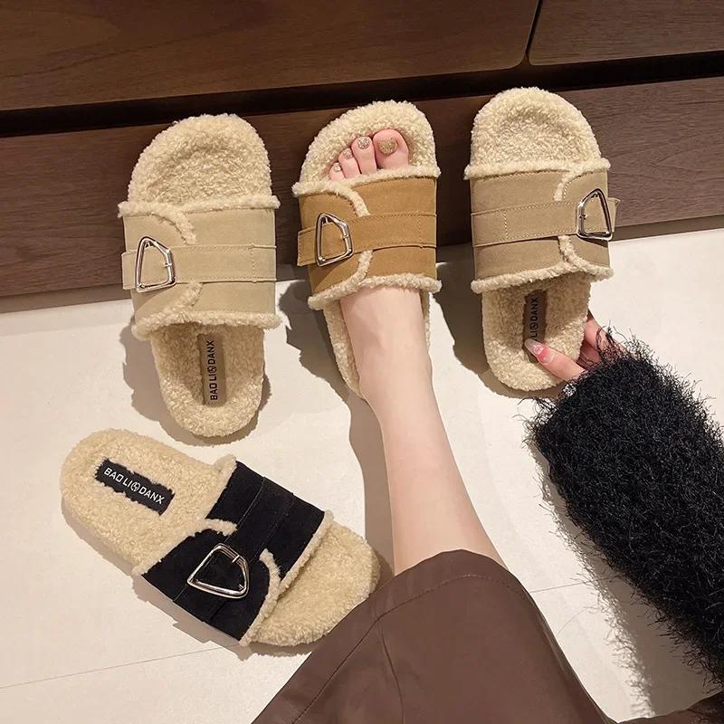 Fashion Women Cotton Slippers Autumn/winter Thick Soled Plush Slippers New Fashion Comfortable Belt Buckle Anti Slip Warm Slippers