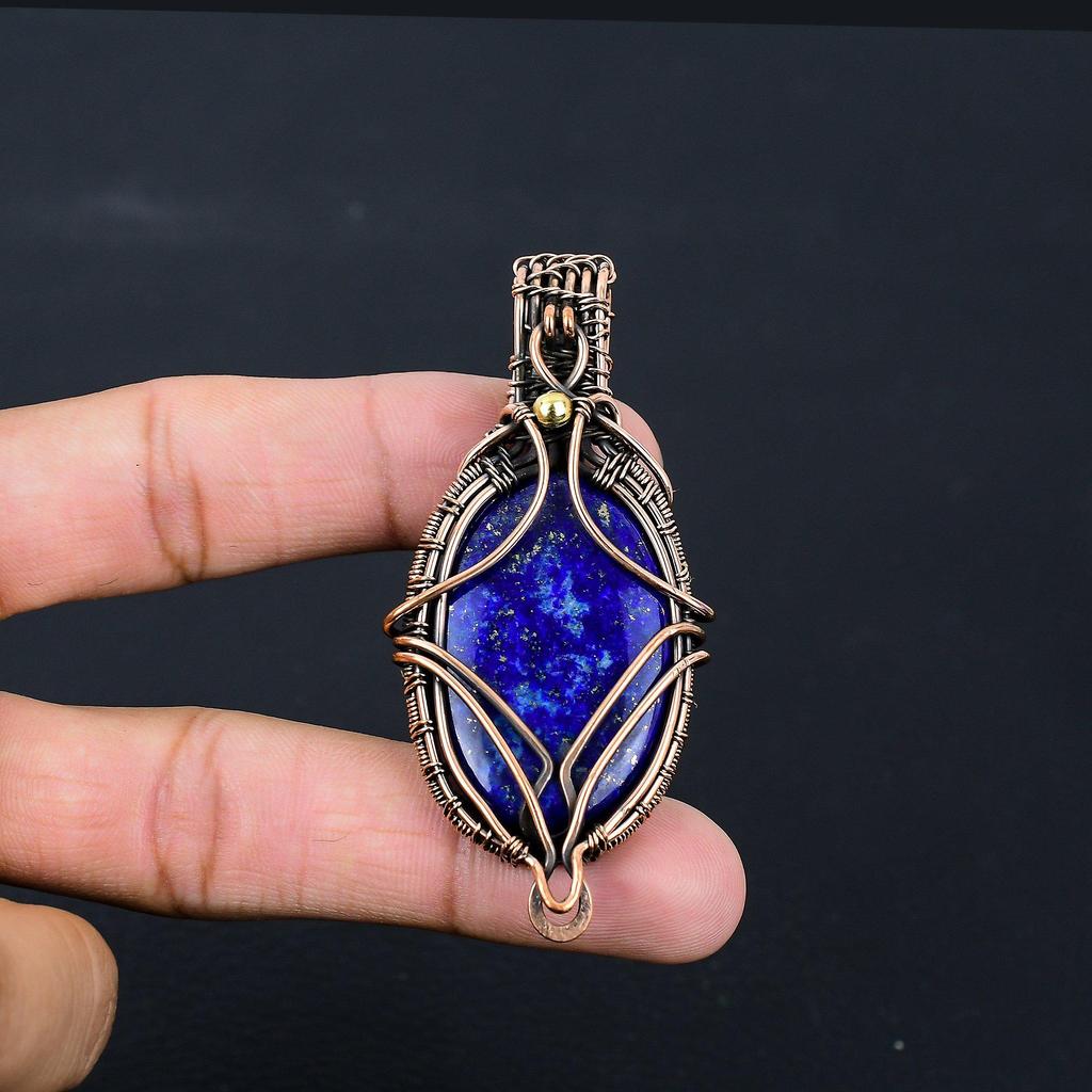 Lapis Lazuli Gemstone Pure Copper Wire Wrapped Handmade Pendant Jewelry For Her