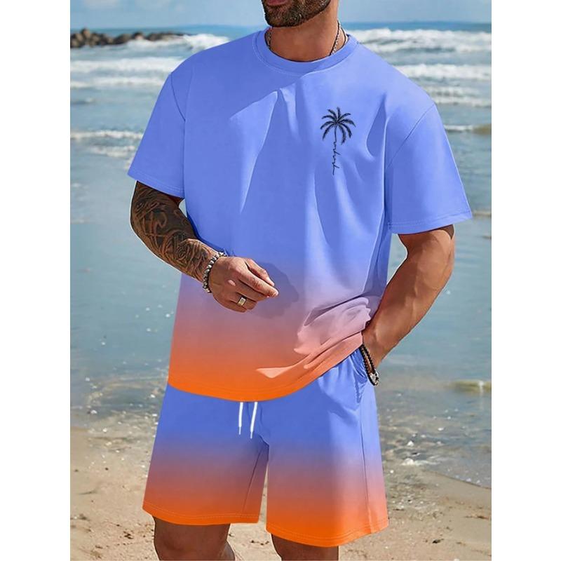 New Gradient Color T-shirt Shorts 2-pcs Set Short Sleeve T-shirts Elastic Waist Shorts Set Pocket Hawaiian Men's Beach Swimsuit