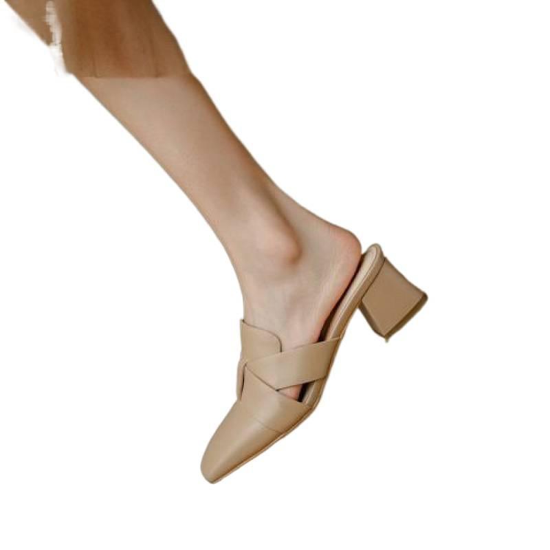 French retro square head bag head half slippers women's outer wear half tray fashion thick heel middle heel apricot half drag muller shoes