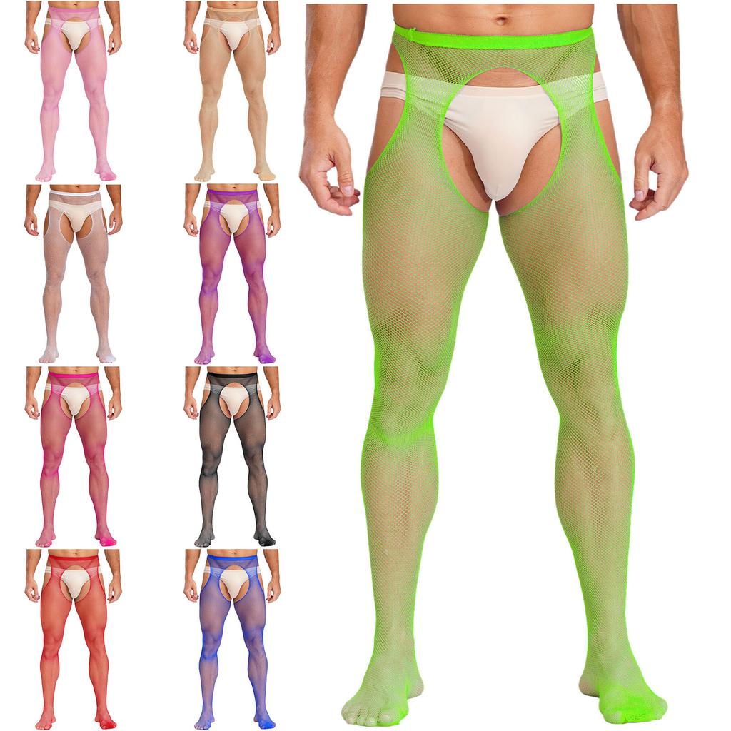 Mens Mid Waist Hollow Out Cutout Opening Crotch Tights Stockings Leggings Elastic Waistband Pantyhose