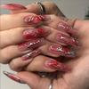 Red Gradient Silver Striped Long False Nails - Autumn/Winter Collection