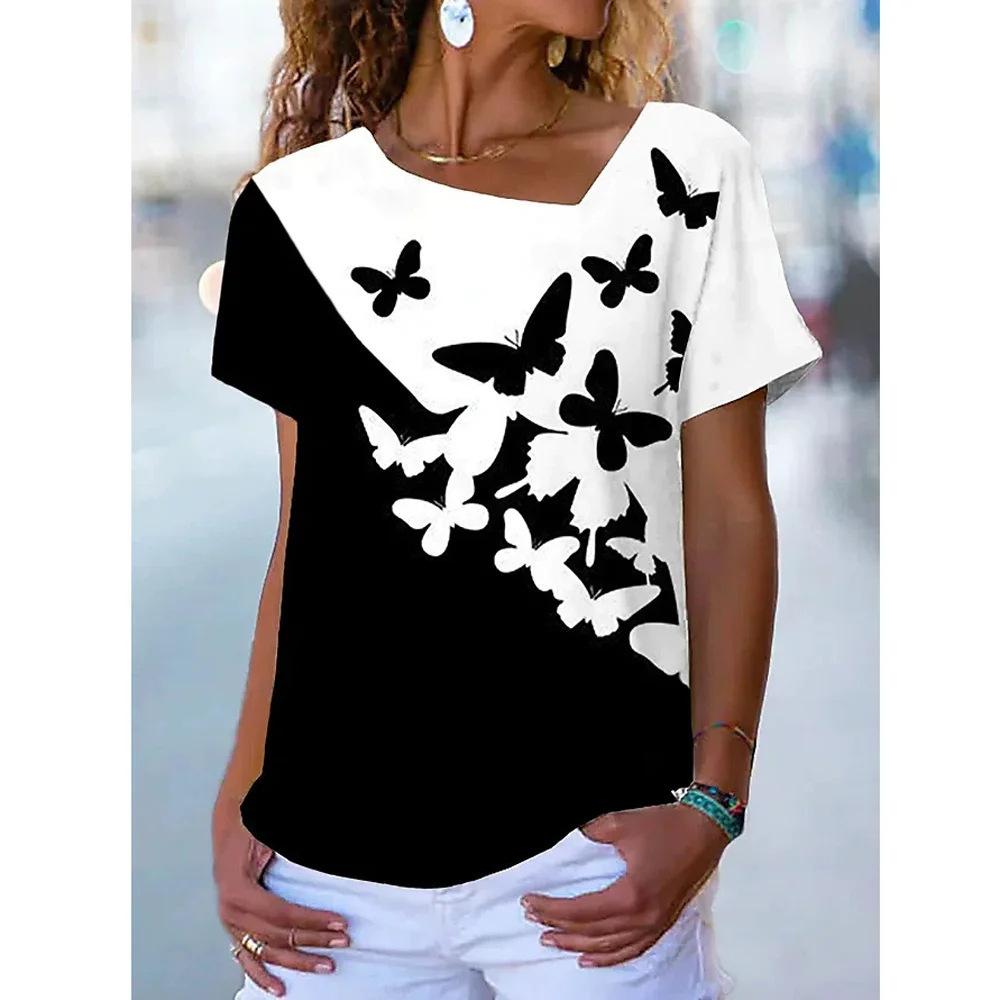 Women's Short Sleeved T-shirt with Slanted Neckline Pattern and Digital 3D Printed Women's T-shirts