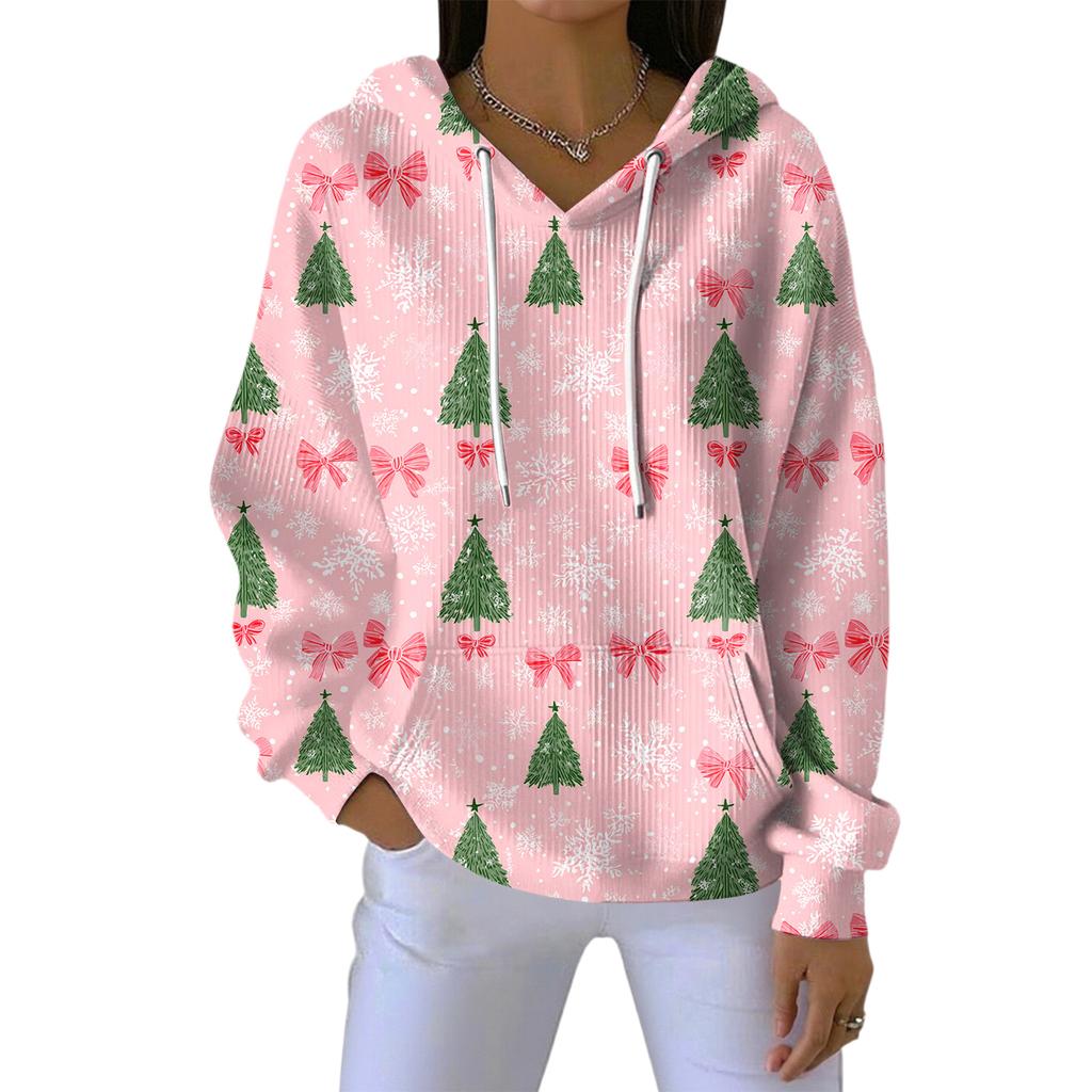 Women's Loose Comfortable Casual Fashion V-Neck Christmas Print Long Sleeve Hoodie