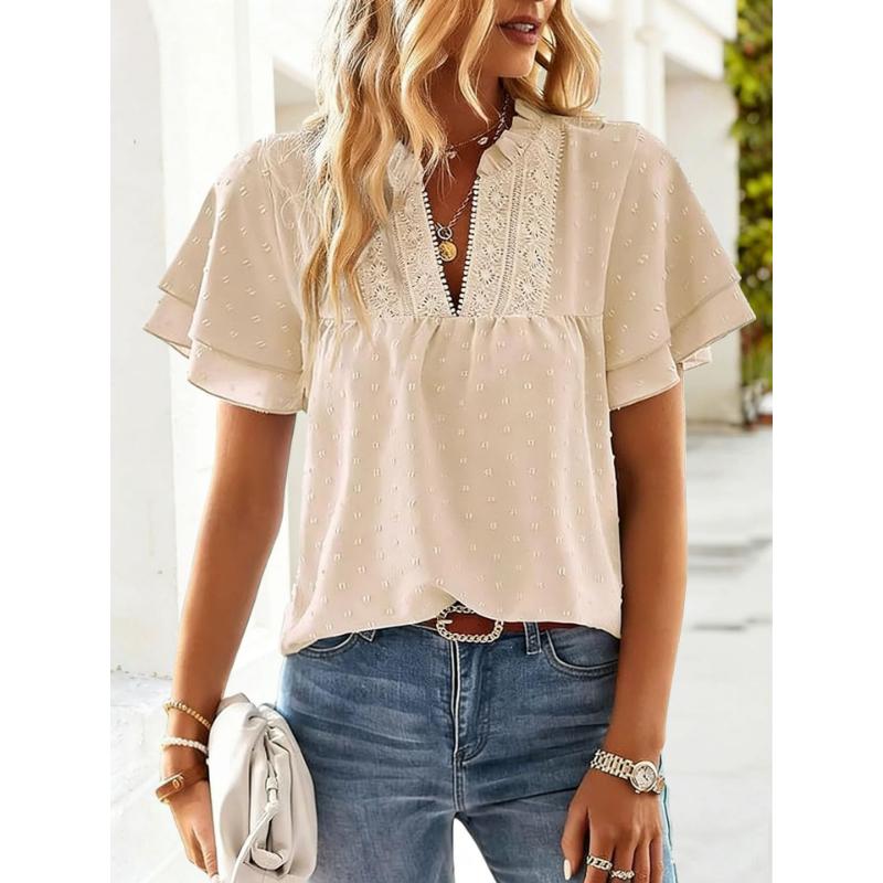 Women's Solid Color V-Neck Blouse Shirt Ladies Fashion CLace Trim & Swiss Dot Accents Blouse