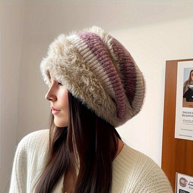 Women's Winter Chunky Knit Beanie - 100% Acrylic Plush Lined Elastic Slouchy Hat, Lightweight Thermal Warmth, No Brim Cap for Daily Wear