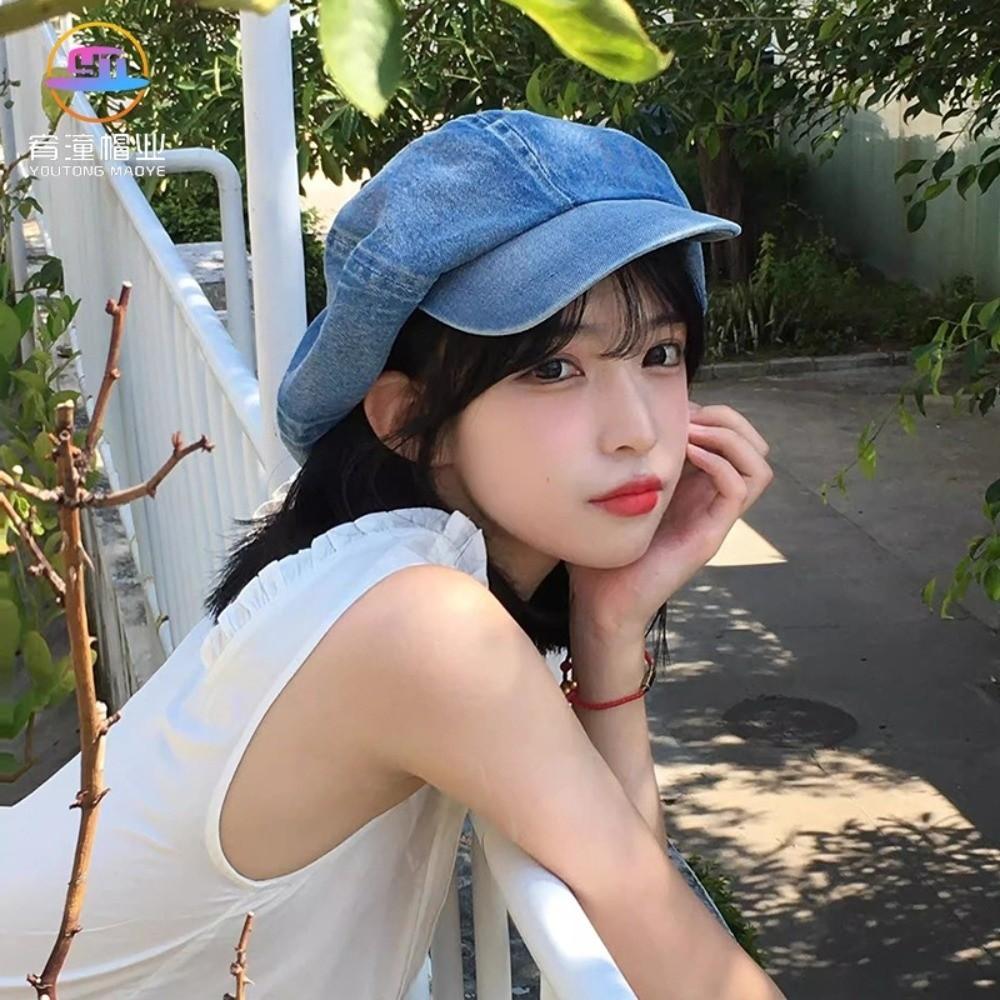 Washed Cloth Denim Octagonal Hat Head Circumference Cloud Hat Casual Denim Beret  Girl