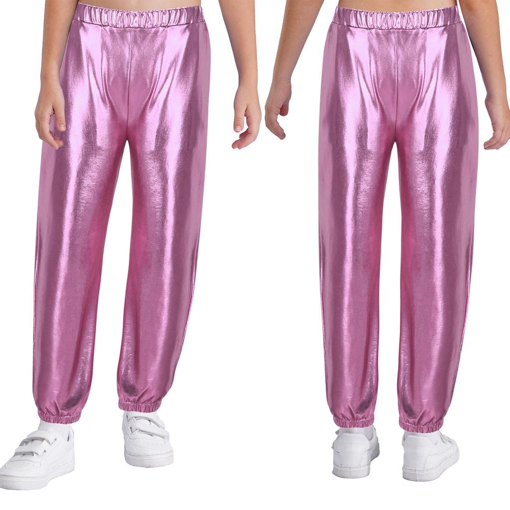 Girls Metallic Shiny High Rise Elastic Waist Dance Pants Side Pockets Hip Hop Streetwear Sweatpants for Stage