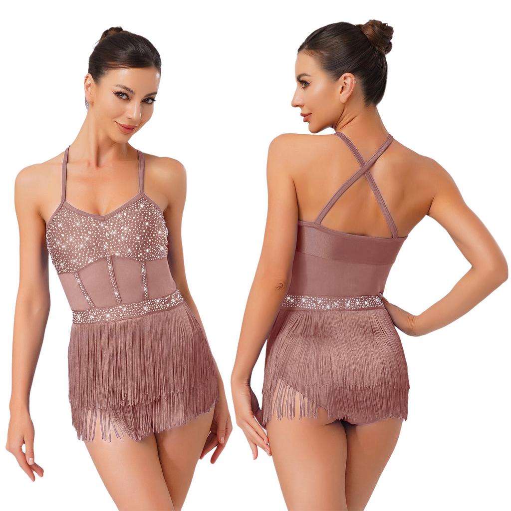 Women's Latin Dance Leotard Jazz Dance Top Sleeveless Fringe Sparkly Bodysuit Samba Salsa Dancewear