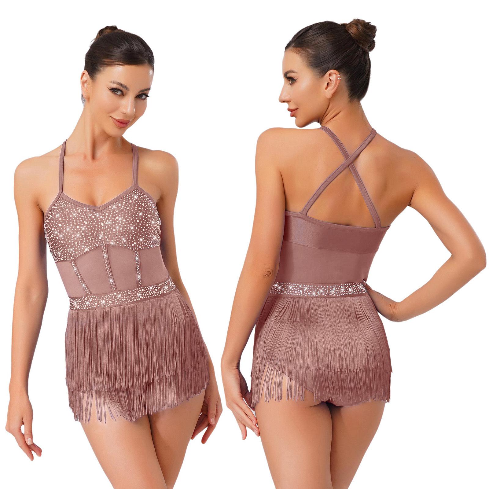 

Женский латиноамериканский купальник-платье со стразами, костюмы для ча-ча, самбы, танго, с прозрачной сеткой, бахромой с кисточками, цельный боди, танцевальная одежда M коричневый