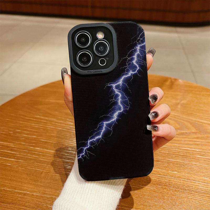 Vertical Grain Leather Shell Flashlight Blue Sea Printed Patterned Shockproof Soft Silicone Case with Camera Lens Full Protection for iPhone