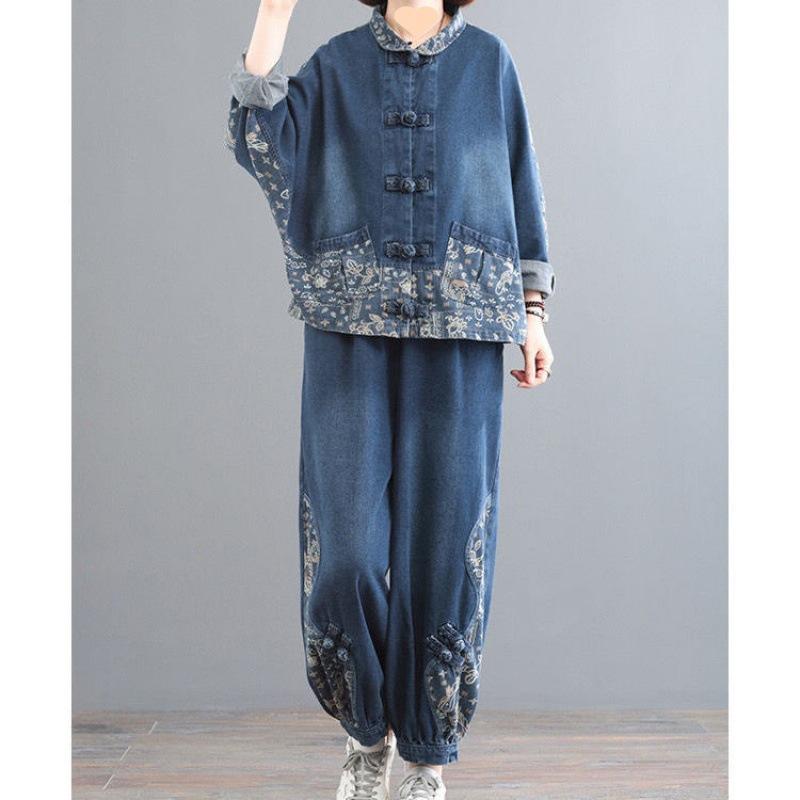 Γυναικείο Σετ Τζιν Δύο Τεμαχίων Άνοιξη Φθινόπωρο Vintage Αγκράφα Μοτίβο Τζιν Κοστούμι Γυναικείο Μεγάλο Μέγεθος Παντελόνι Σετ 2 Τεμαχίων