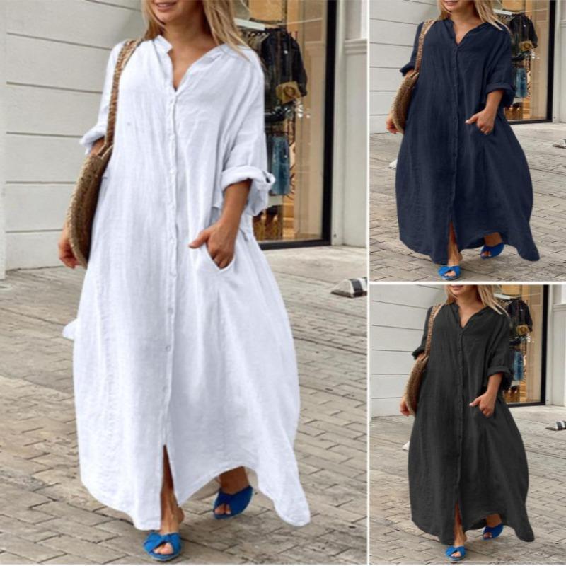 Casual Pocket Shirt Collar Long Dress, Plus Size Casual Dress