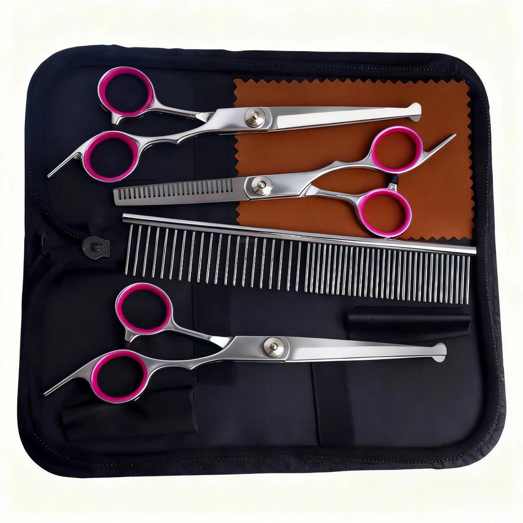 Portable Pet Grooming Scissor Set: Flat & Curved Hairdressing Tools