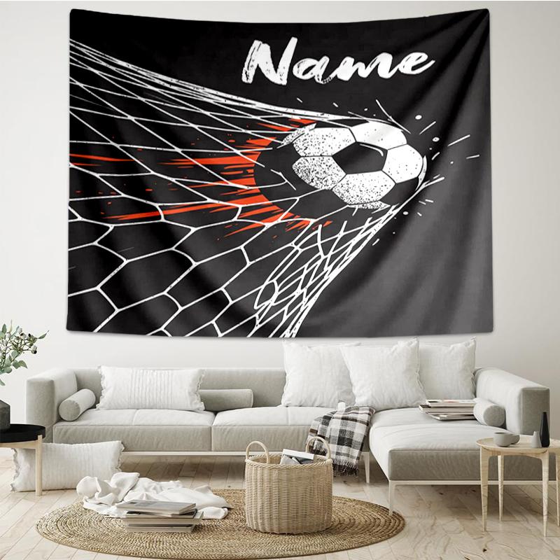 Custom Name Soccer Print Tapestry, Backdrop, Easy Setup, Ideal for Bedroom, Office & Living Room, with Aesthetic Wall Hanging Decor.