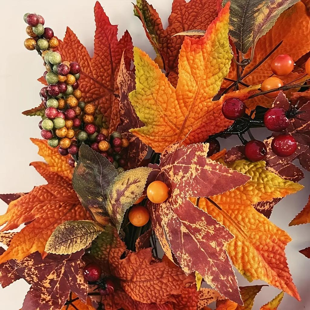 21.65inch Realistic Artificial Maple Wreath with Berries - Rustic Harvest Wreath Suitable for Thanksgiving, Christmas