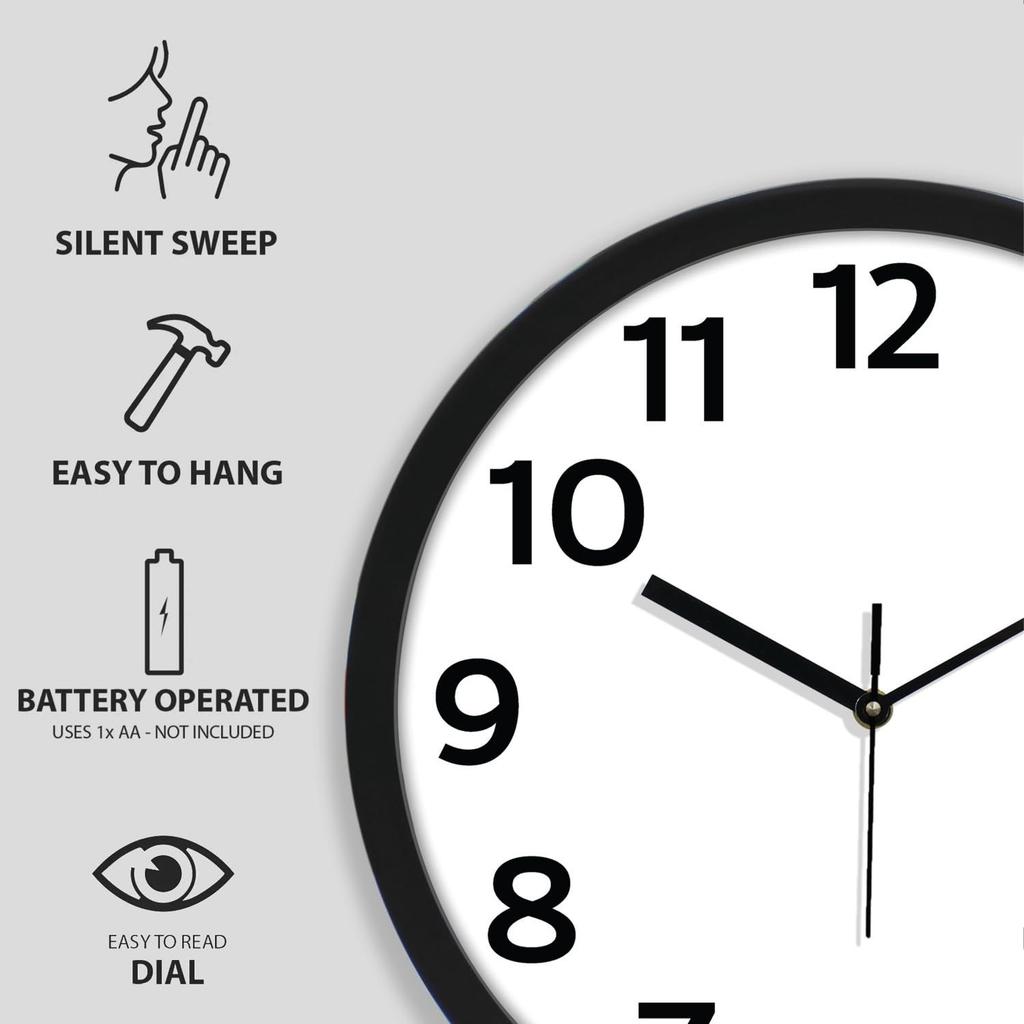 12-Inch Wall Clock | Analog Operation | Durable Polypropylene Construction | Silent Precision | Battery-Powered
