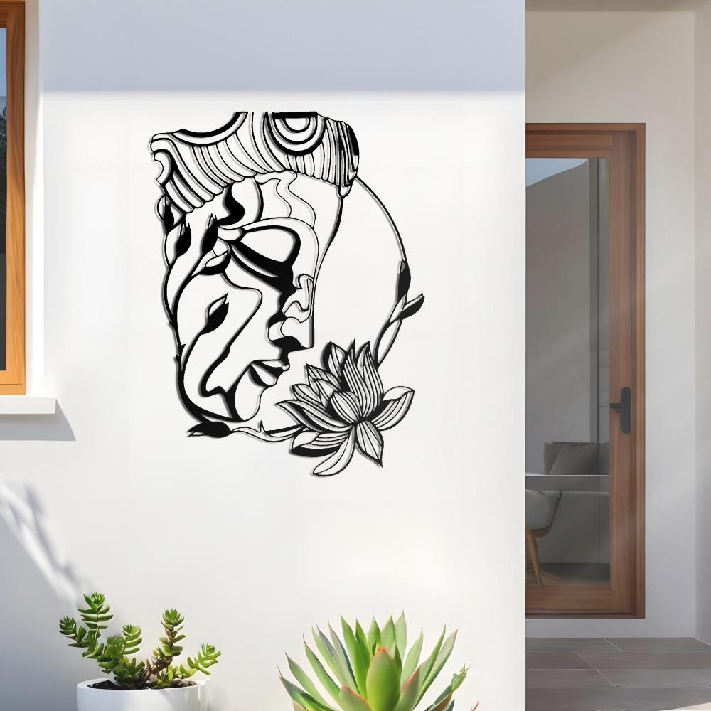 Großer Horizontaler Buddha-Kopf Lotus Metall Wandkunst Robuster Schwarzer Eisen Heim-Büro Dekor