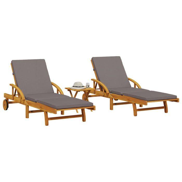 VidaXL Chaises longues lot de 2 avec table bois massif d'acacia, lit de bronzage, chaise longue d'extérieur, lit de jour 3206368