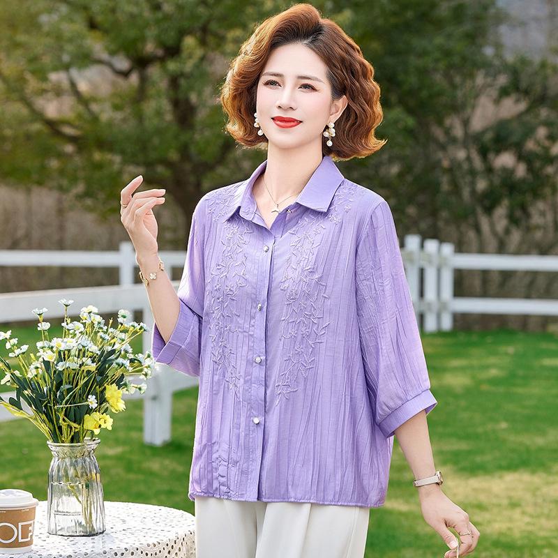 

Mom s Summer Seven-Sleeve Tummy-Covering Blouse for Middle-Aged and Elderly Women 2XL [95-115 jin]