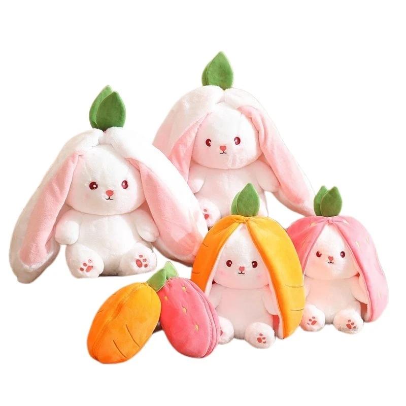 18cm Cosplay Strawberry Carrot Rabbit Plush Toy Stuffed Creative Bag Into Fruit Transform Baby Cuddly Bunny Plushie Doll For Kid