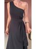 Autumn 2025 European & American Women's Black Asymmetrical Sleeveless Elegant Dress