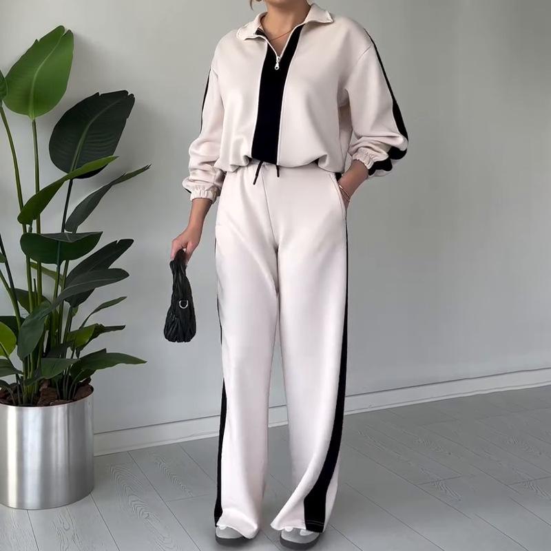 2025 Autumn Women's Fashion Color Block Casual Knitted Two-Piece Set