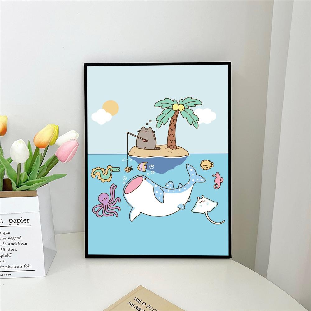 1pc Cartoon P-Pusheen K-Kawai Cat Poster Self-adhesive Art Poster Waterproof Paper Sticker Coffee House Bar Room Wall Decor