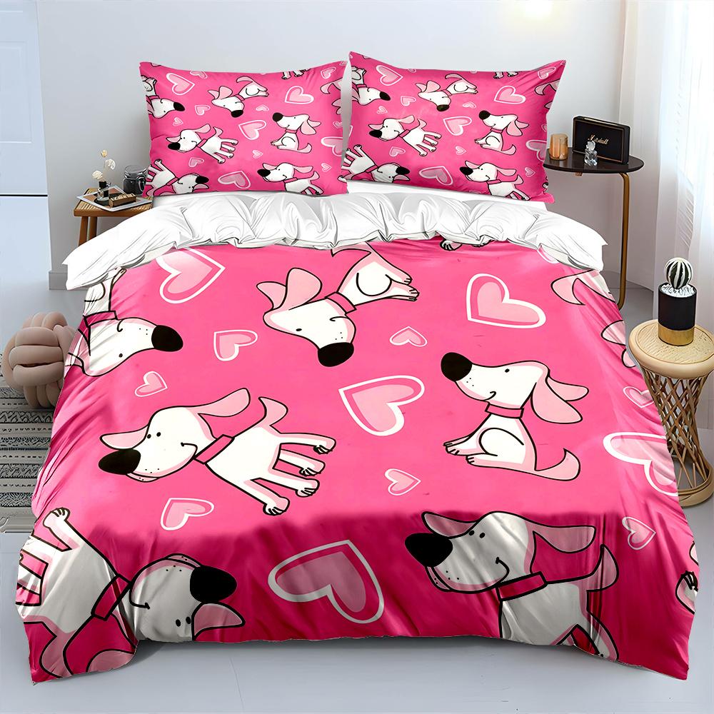 Pink Cartoon Dogs and Hearts Background Print Bedding Set 1 Duvet Cover 2 Pillowcases for Adult Children Luxury Gift Full Size