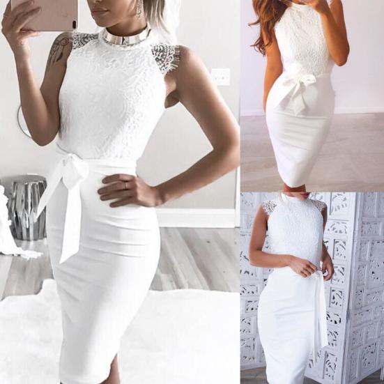 Women Solid Color Sexy Lace Patchwork Cap Sleeve Slim Fit Party Dress with Sash