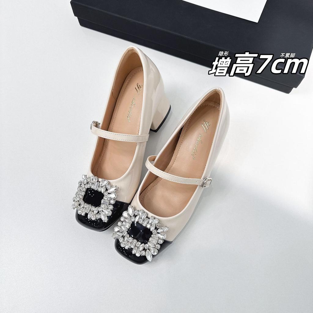 Sheepskin version~ heightened 7CM rhinestone square buckle thick heel Mary Jane shoes for women's new French color matching square head single s