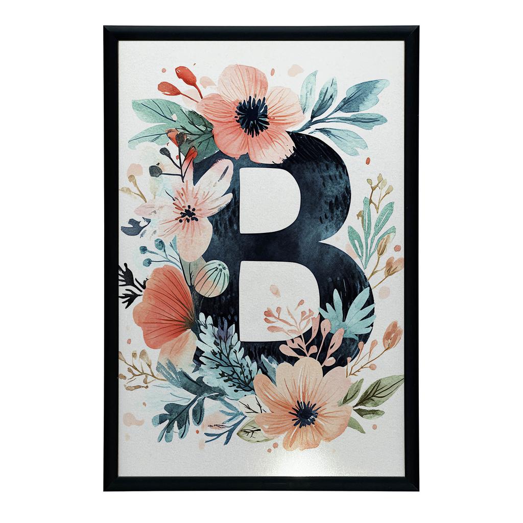 Plakat Litera "B" Otoczona Kolorowymi Kwiatami Plakat Litera "B" Otoczona Kolorowymi Kwiatami, 30X40 Cm, Rama Drewniana Ciemny Brąz, Papier Matowy 230