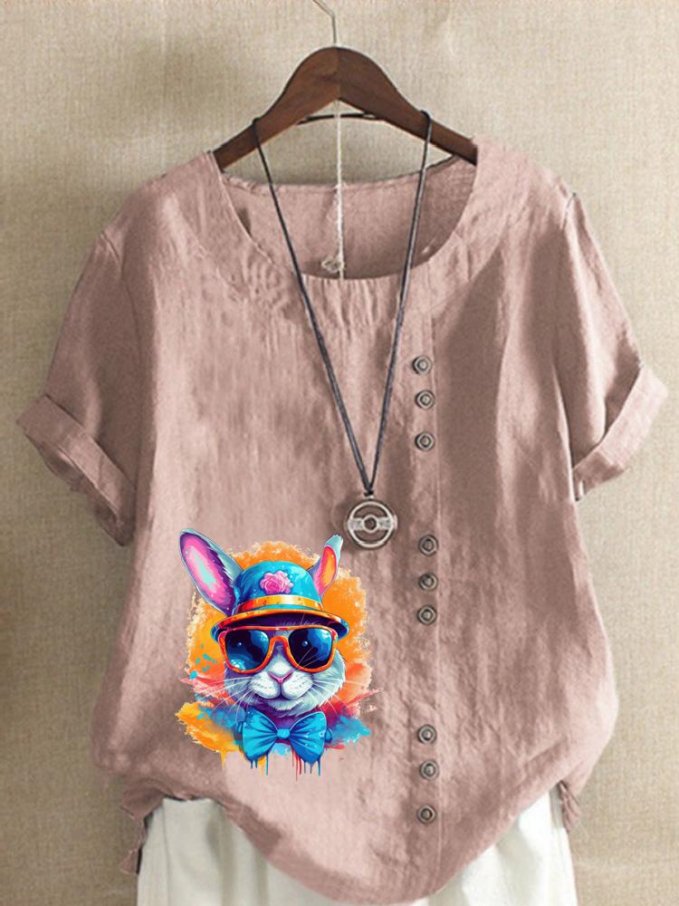 Women's Fashion Colorful Rabbit Print Shot Sleeve T-shirt Loose Cotton Shirt Casual Loose Summer Blouse Tops Plus Size