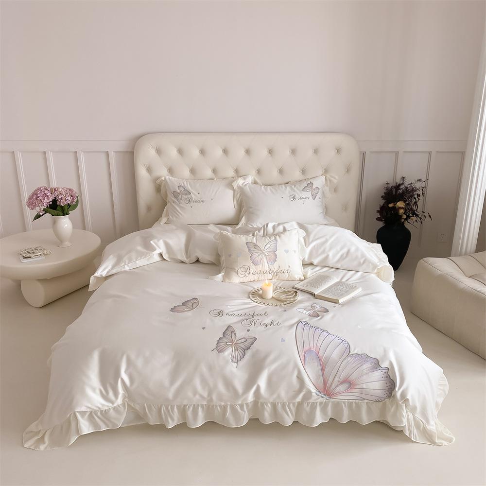 Lace Cotton Bedding Four-piece Set Princess Wind Butterfly Embroidery Skin-friendly Breathable Bed Sheet Quilt Cover Pillowcase Set