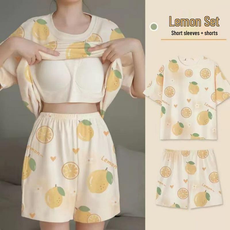 Women's Plus Size Imitation Cotton Summer Pajama Set with Built-in Bra, Casual & Sweet Design for Indoor/Outdoor Wear.