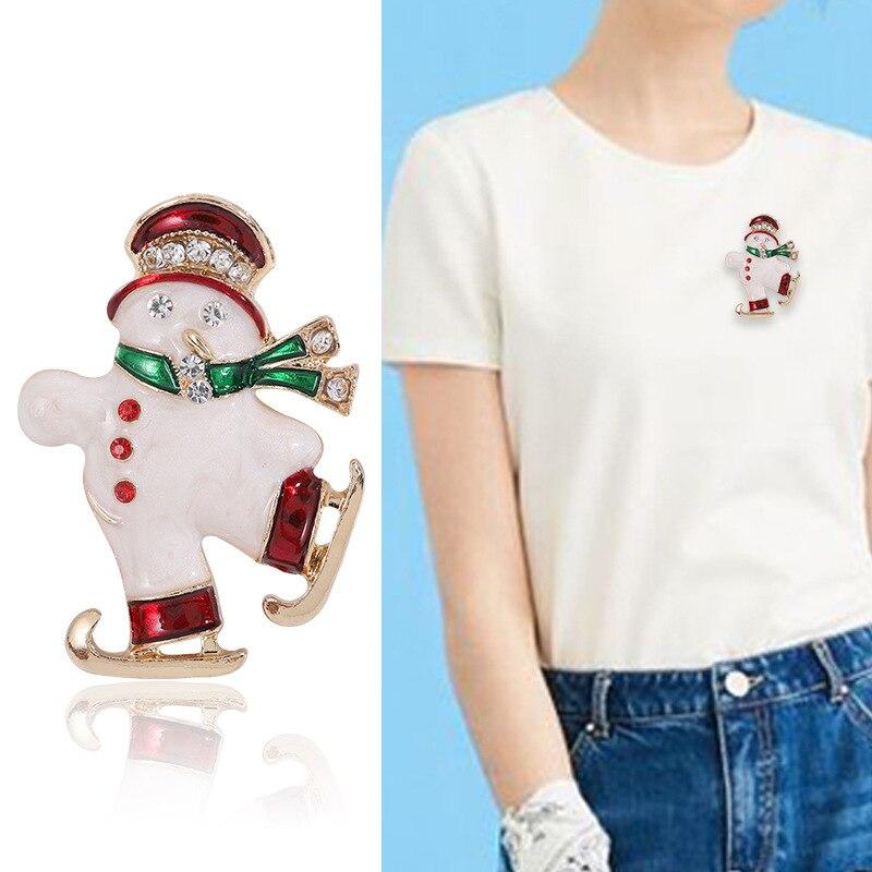 Blucome Cartoon Oil Dripping White Skating Snowman Brooch Girl Scarf Christmas Cute Accessory Pin