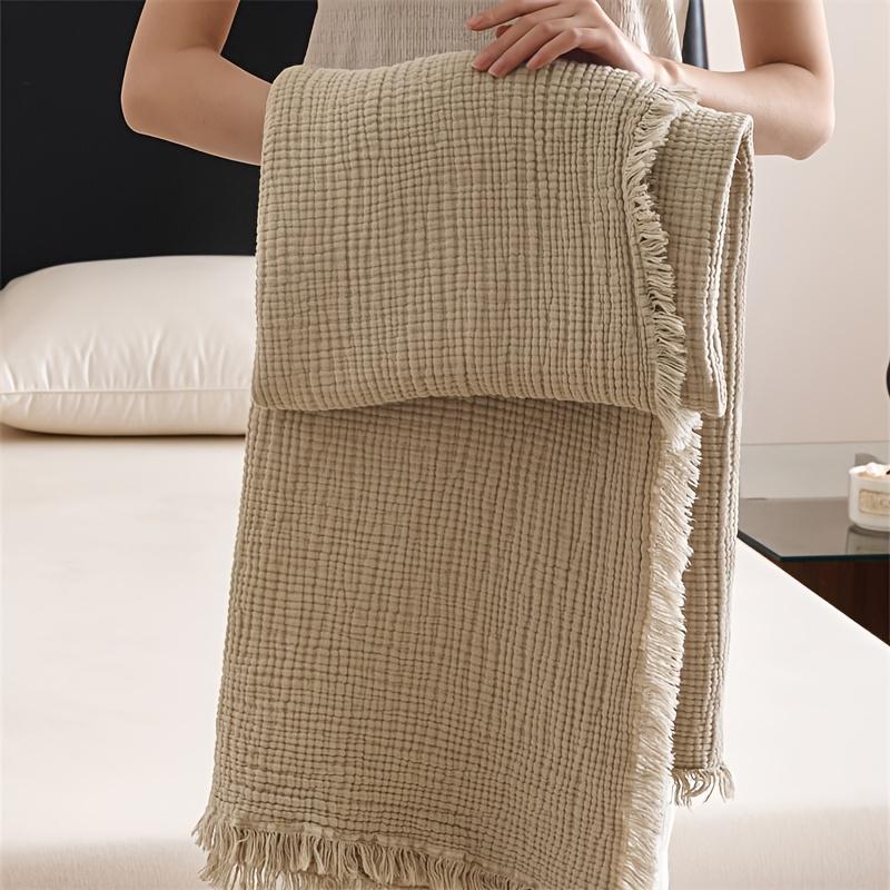 Coperta Morbida Traspirante in Mussola Waffle di Cotone 100% con Frange per Divano Letto Ufficio Viaggio