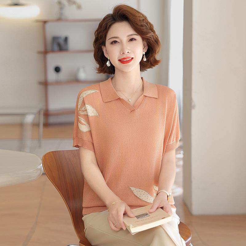 Mom's Summer Lace-Up Ice Silk Knit T-Shirt for Middle-Aged Women, New Lapel Style, Loose Fit, Lightweight Short Sleeve