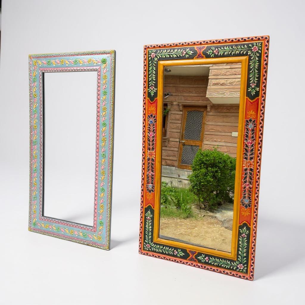 Wood Painted Wall Bedroom Mirror With Glass | Living Room Wall Hanging Mirror Fram | Wood Mirror with Ethnic Floral Design Traditional Wall