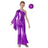 Girls One Shoulder Bell Bottom Jumpsuit Metallic Shiny Flare Sleeve Bodysuit Dance Costume Set Hair Accessory