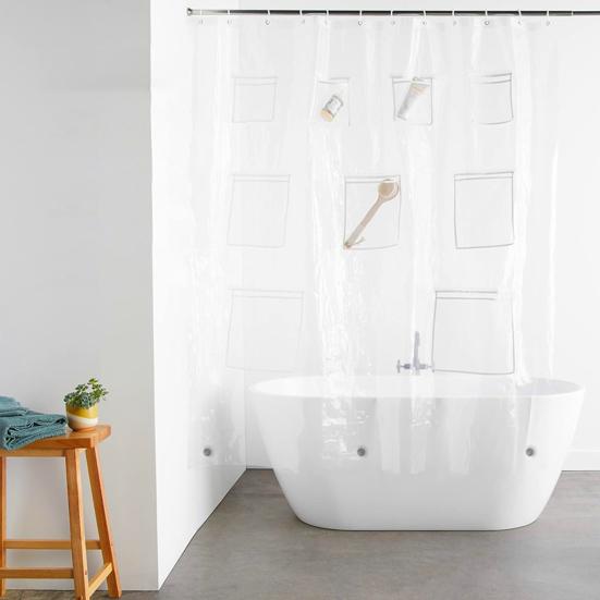 Shower Curtain Bath Organizer Shower Curtain with 9 Transparent Pockets Keep Smartphone Safe Bath Curtain for Bathroom Storage