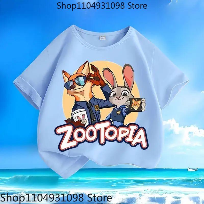 Pure Polyester Kids Short Sleeve Tee 2026 New, Zootopia Judy Nicky Cartoon Print Round Neck Casual Tops For Small Medium Children