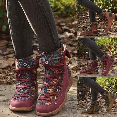 Retro Style Women Embroidery Flat Zipper Keep Warm Short Boot Round Toe Shoes