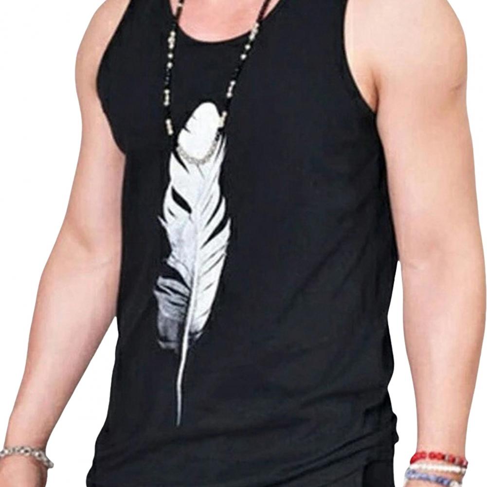 Men Summer Vest Round Neck Sleeveless Top Feather Print Racerback Vest Quick-Drying Wide Shoulder Straps Tank Tops